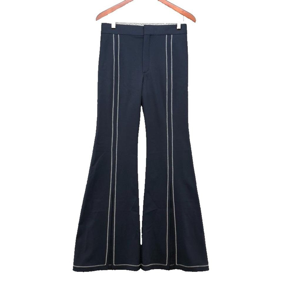 Chloe‎ Stitched Wide Leg Front Slit Pants Womens 38 US 6 Ink Navy Blue Retro 70s